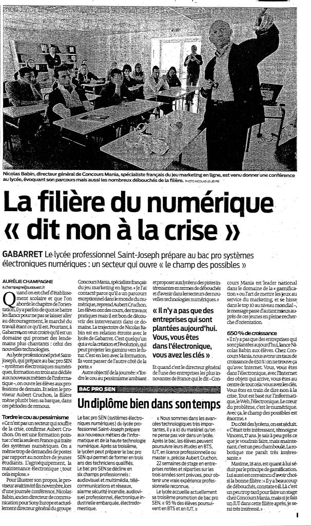 Article paru dans le journal Sud-Ouest du Mercredi 12 Décembre 2012